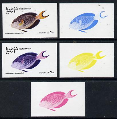 Oman 1974 Tropical Fish 1b (Sturgeonfish) set of 5 imperf progressive colour proofs comprising 3 individual colours (red, blue & yellow) plus 3 and all 4-colour composites unmounted mint, stamps on , stamps on  stamps on fish     marine-life