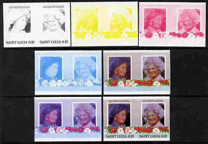 St Lucia 1985 Life & Times of HM Queen Mother (Leaders of the World) $1.10 se-tenant pair - the set of 7 imperf progressive proofs comprising the 4 individual colours plus 2, 3 and all 4-colour composite, unmounted mint as SG 836a, stamps on royalty, stamps on queen mother