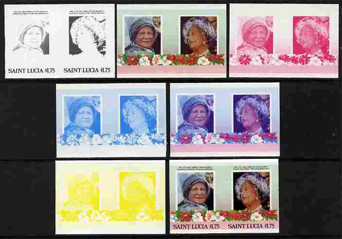 St Lucia 1985 Life & Times of HM Queen Mother (Leaders of the World) $1.75 se-tenant pair - the set of 7 imperf progressive proofs comprising the 4 individual colours plus 2, 3 and all 4-colour composite, unmounted mint as SG 838a, stamps on , stamps on  stamps on royalty, stamps on  stamps on queen mother