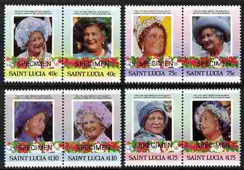 St Lucia 1985 Life & Times of HM Queen Mother (Leaders of the World) set of 8 (4 se-tenant pairs) each overprinted SPECIMEN unmounted mint SG 832-9s, stamps on royalty, stamps on queen mother