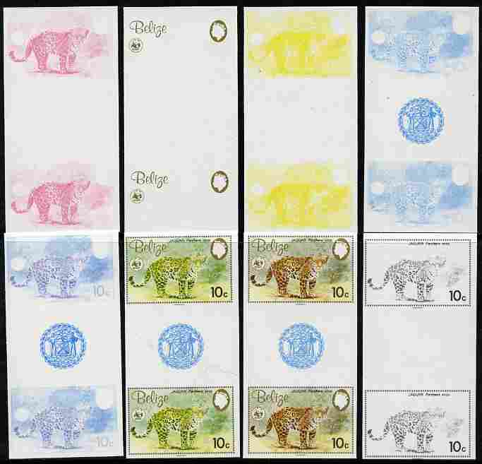 Belize 1983 WWF - Jaguar 10c (Adult Jaguar) inter-paneau gutter pair - the set of 8 imperf progressive proofs comprising the 5 individual colours plus 2, 4 and all 5-colour composites, unmounted mint as SG 757, stamps on , stamps on  stamps on , stamps on  stamps on animals, stamps on  stamps on cats, stamps on  stamps on  wwf , stamps on  stamps on 