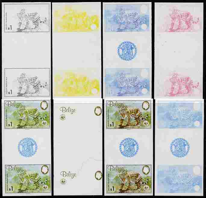 Belize 1983 WWF - Jaguar $1 (Jaguar on rock) inter-paneau gutter pair - the set of 8 imperf progressive proofs comprising the 5 individual colours plus 2, 4 and all 5-colour composites, unmounted mint as SG 759, stamps on , stamps on  stamps on , stamps on  stamps on animals, stamps on  stamps on cats, stamps on  stamps on  wwf , stamps on  stamps on 