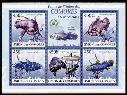 Comoro Islands 2009 Coelcanth Fish perf sheetlet containing 5 values unmounted mint Yv 1671-75, Mi 2334-38, stamps on , stamps on  stamps on fish, stamps on  stamps on dinosaurs