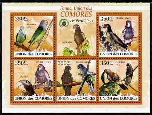 Comoro Islands 2009 Parrots perf sheetlet containing 5 values unmounted mint Yv 1686-90, Mi 2387-91, stamps on , stamps on  stamps on birds, stamps on  stamps on parrots