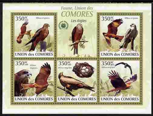 Comoro Islands 2009 Eagles perf sheetlet containing 5 values unmounted mint Yv 1696-1700, Mi 2382-86, stamps on , stamps on  stamps on birds, stamps on  stamps on eagles, stamps on  stamps on birds of prey