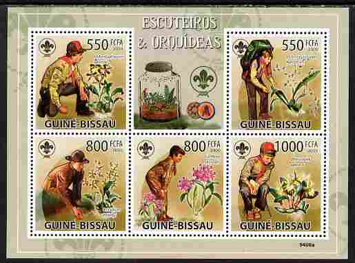 Guinea - Bissau 2009 Scouts & Orhids perf sheetlet containing 5 values unmounted mint Yv 3011-15, stamps on , stamps on  stamps on scouts, stamps on  stamps on orchids, stamps on  stamps on flowers