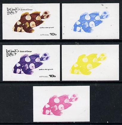 Oman 1974 Tropical Fish 10b (Polka-dot Grunt) set of 5 imperf progressive colour proofs comprising 3 individual colours (red, blue & yellow) plus 3 and all 4-colour compo..., stamps on fish     marine-life