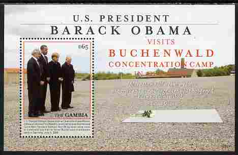 Gambia 2009 Barack Obama visits Germany perf s/sheet (Buchenwald Concentration Camp) unmounted mint, stamps on , stamps on  stamps on personalities, stamps on  stamps on nobel, stamps on  stamps on peace, stamps on  stamps on usa presidents, stamps on  stamps on american, stamps on  stamps on masonics, stamps on  stamps on masonry, stamps on  stamps on obama, stamps on  stamps on  ww2 , stamps on  stamps on 