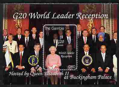Gambia 2009 Barack Obama Visits Queen Elizabeth at Buckingham Palace & G20 Reception perf s/sheet unmounted mint, stamps on royalty, stamps on personalities, stamps on nobel, stamps on peace, stamps on usa presidents, stamps on american, stamps on masonics, stamps on masonry, stamps on obama, stamps on constitutions, stamps on 
