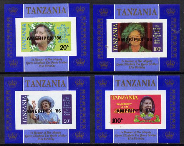 Tanzania 1985 Life & Times of HM Queen Mother unissued set of 4 unmounted mint imperf deluxe sheetlets (one stamp per sheetlet) opt'd 'AMERIPEX '86', stamps on postal, stamps on royalty, stamps on queen mother, stamps on stamp exhibitions