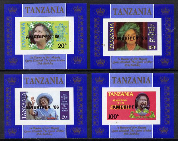 Tanzania 1985 Life & Times of HM Queen Mother unissued set of 4 unmounted mint imperf deluxe sheetlets (one stamp per sheetlet) optd AMERIPEX 86, stamps on postal, stamps on royalty, stamps on queen mother, stamps on stamp exhibitions