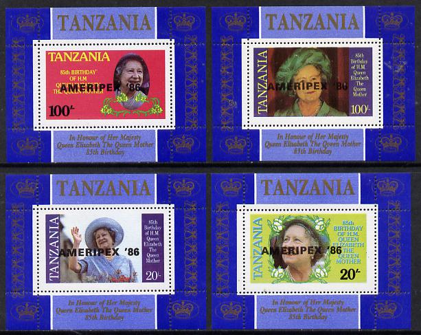 Tanzania 1985 Life & Times of HM Queen Mother unissued set of 4 unmounted mint perf deluxe sheetlets (one stamp per sheetlet) opt'd 'AMERIPEX '86', stamps on postal, stamps on royalty, stamps on queen mother, stamps on stamp exhibitions