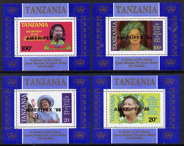 Tanzania 1985 Life & Times of HM Queen Mother unissued set of 4 unmounted mint perf deluxe sheetlets (one stamp per sheetlet) optd AMERIPEX 86, stamps on postal, stamps on royalty, stamps on queen mother, stamps on stamp exhibitions