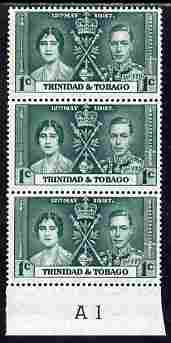 Trinidad & Tobago 1937 KG6 Coronatio 1c vert strip of 3 with Plate number A1 unmounted mint (plate numbers are surprisingly scarce on the Coronation issues), stamps on , stamps on  stamps on coronation, stamps on  stamps on  kg6 , stamps on  stamps on royalty