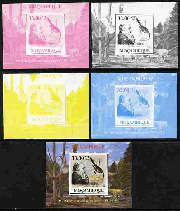 Mozambique 2009 200th Birth Anniversary of Charles Darwin #01 individual deluxe sheet - the set of 5 imperf progressive proofs comprising the 4 individual colours plus all 4-colour composite, unmounted mint, stamps on , stamps on  stamps on personalities, stamps on  stamps on science, stamps on  stamps on animals, stamps on  stamps on birds, stamps on  stamps on dinosaurs, stamps on  stamps on darwin