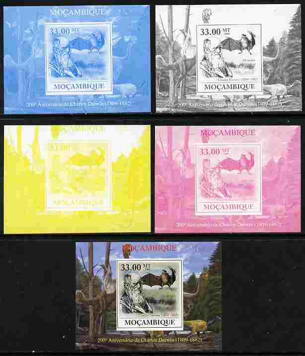 Mozambique 2009 200th Birth Anniversary of Charles Darwin #02 individual deluxe sheet - the set of 5 imperf progressive proofs comprising the 4 individual colours plus all 4-colour composite, unmounted mint, stamps on , stamps on  stamps on personalities, stamps on  stamps on science, stamps on  stamps on animals, stamps on  stamps on birds, stamps on  stamps on dinosaurs, stamps on  stamps on darwin