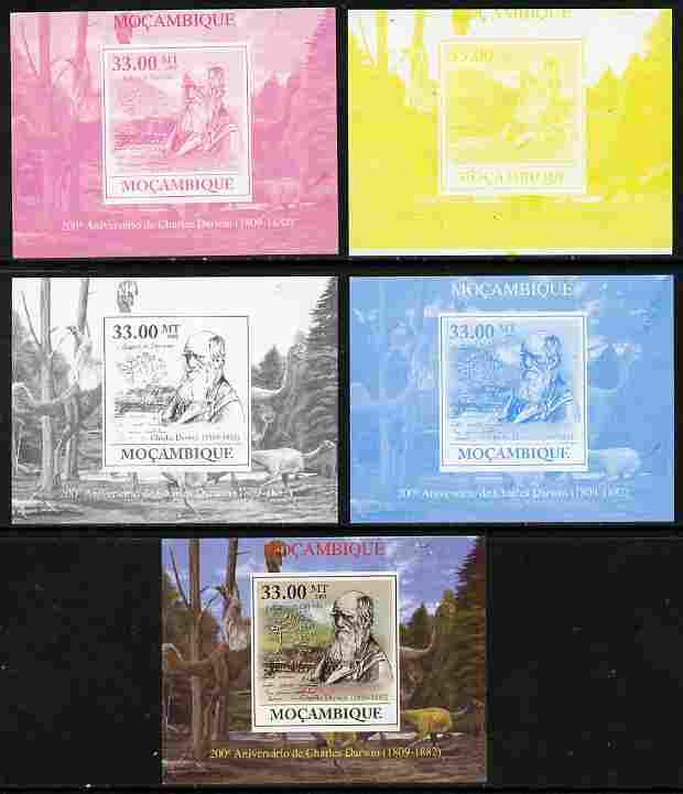 Mozambique 2009 200th Birth Anniversary of Charles Darwin #03 individual deluxe sheet - the set of 5 imperf progressive proofs comprising the 4 individual colours plus all 4-colour composite, unmounted mint, stamps on , stamps on  stamps on personalities, stamps on  stamps on science, stamps on  stamps on animals, stamps on  stamps on birds, stamps on  stamps on dinosaurs, stamps on  stamps on darwin