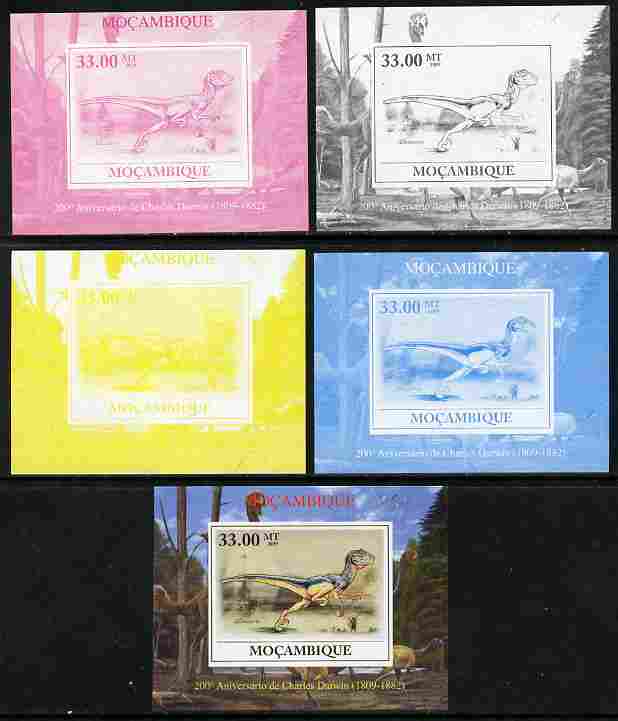 Mozambique 2009 200th Birth Anniversary of Charles Darwin #04 individual deluxe sheet - the set of 5 imperf progressive proofs comprising the 4 individual colours plus all 4-colour composite, unmounted mint, stamps on , stamps on  stamps on personalities, stamps on  stamps on science, stamps on  stamps on animals, stamps on  stamps on birds, stamps on  stamps on dinosaurs, stamps on  stamps on darwin