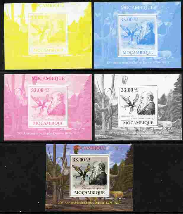 Mozambique 2009 200th Birth Anniversary of Charles Darwin #05 individual deluxe sheet - the set of 5 imperf progressive proofs comprising the 4 individual colours plus all 4-colour composite, unmounted mint, stamps on , stamps on  stamps on personalities, stamps on  stamps on science, stamps on  stamps on animals, stamps on  stamps on birds, stamps on  stamps on dinosaurs, stamps on  stamps on darwin