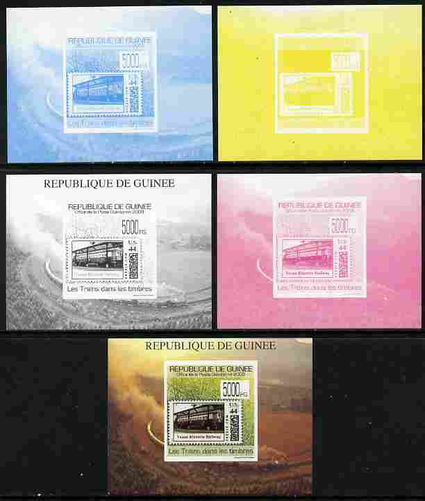 Guinea - Conakry 2009 Trains on Stamps #2 individual deluxe sheet - the set of 5 imperf progressive proofs comprising the 4 individual colours plus all 4-colour composite..., stamps on stamp on stamp, stamps on stamponstamp, stamps on railways