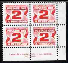 Canada 1967-78 Postage Due 2c scarlet (size 19.5 x 16 mm) corner block of 4 with CBNC imprint unmounted mint, SG D33, stamps on postage due