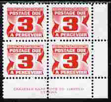 Canada 1967-78 Postage Due 3c scarlet (size 19.5 x 16 mm) corner block of 4 with CBNC imprint unmounted mint, SG D34, stamps on postage due