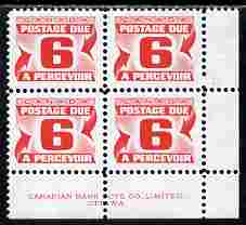 Canada 1967-78 Postage Due 6c scarlet (size 19.5 x 16 mm) corner block of 4 with CBNC imprint unmounted mint, SG D37, stamps on postage due