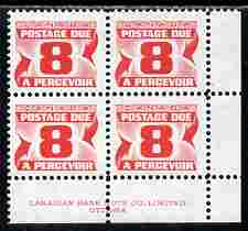 Canada 1967-78 Postage Due 8c scarlet (size 19.5 x 16 mm) corner block of 4 with CBNC imprint unmounted mint, SG D38a, stamps on postage due