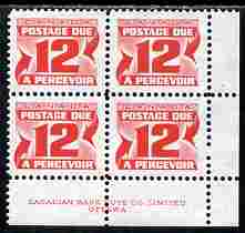 Canada 1967-78 Postage Due 12c scarlet (size 19.5 x 16 mm) corner block of 4 with CBNC imprint unmounted mint, SG D40a, stamps on postage due
