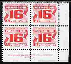 Canada 1967-78 Postage Due 16c scarlet (size 19.5 x 16 mm) corner block of 4 with CBNC imprint unmounted mint, SG D41, stamps on postage due