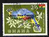 Ghana 1965 New Currency 30p on 2s6d Blue Turaco fine cds used, SG 388, stamps on , stamps on  stamps on birds, stamps on  stamps on cuckoo