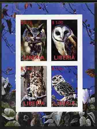 Liberia 2000 Owls #1 imperf sheetlet containing 4 values unmounted mint, stamps on , stamps on  stamps on birds, stamps on  stamps on owls, stamps on  stamps on birds of prey