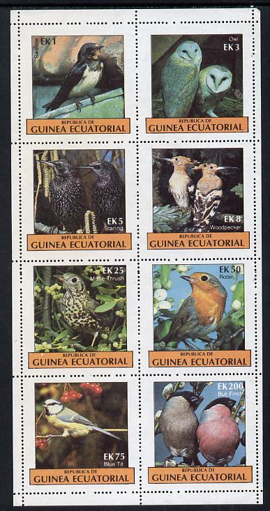 Equatorial Guinea 1977 Birds (Owl, Blue Tit, Bull finch etc) perf set of 8 unmounted mint (Mi 1205-12A) , stamps on , stamps on  stamps on birds    owls   birds of prey     swallow    starling    woodpecker    thrush     robin    blue tit     bull finch