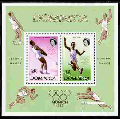 Dominica 1972 Munich Olympic Games perf m/sheet unmounted mint, SG MS 361, stamps on , stamps on  stamps on olympics, stamps on  stamps on hammer, stamps on  stamps on athletics, stamps on  stamps on long jump, stamps on  stamps on hurdles, stamps on  stamps on 