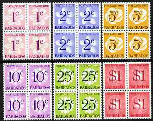 Barbados 1976 Postage Due Perf 14 set of 6 in blocks of 4 unmounted mint, SG D14-19, stamps on postage due