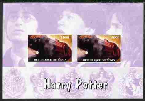 Benin 2001 Harry Potter & Hogwart's Express imperf sheetlet containing 2 values (mauve background) unmounted mint, stamps on railways, stamps on films, stamps on fantasy, stamps on cinema, stamps on literature, stamps on children