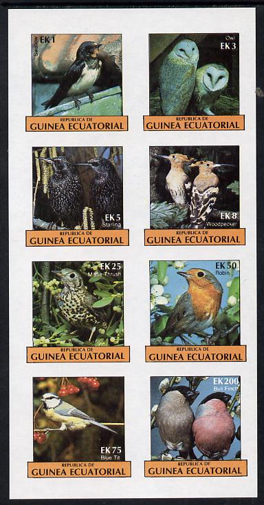 Equatorial Guinea 1977 Birds (Owl, Blue Tit, Bull finch etc) imperf set of 8 (Mi 1205-12B) unmounted mint, stamps on , stamps on  stamps on birds    owls   birds of prey     swallow    starling    woodpecker    thrush     robin    blue tit     bull finch