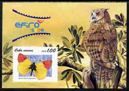 Cuba 2008 EFIRO Stamp Exhibition imperf m/sheet unmounted mint (Features a Butterfly & Owl), stamps on , stamps on  stamps on stamp exhibitions, stamps on  stamps on butterflies, stamps on  stamps on birds, stamps on  stamps on birds of prey, stamps on  stamps on owls