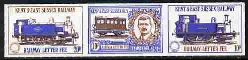 Cinderella - Great Britain Kent & East Sussex Railway Letter Stamps 20p-10p-10p se-tenant rouletted strip of 3 unmounted mint , stamps on cinderella, stamps on railways