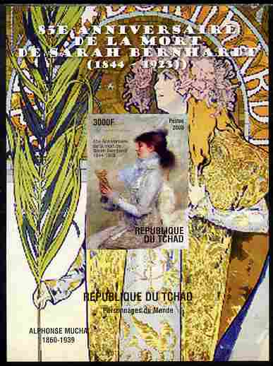 Chad 2010 85th Death Anniversary of Sarah Bernhardt imperf s/sheet unmounted mint. Note this item is privately produced and is offered purely on its thematic appeal, stamps on , stamps on  stamps on personalities, stamps on  stamps on films, stamps on  stamps on cinema, stamps on  stamps on movies, stamps on  stamps on women