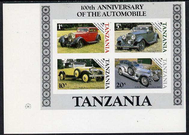 Tanzania 1986 Centenary of Motoring m/sheet imperf proof essay similar in both design & colours of issued sheet but 1s50 value is expressed as 1s & 30s is shown as 20s, on ungummed art paper, stamps on cars     rolls-royce