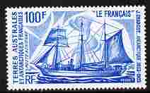 French Southern & Antarctic Territories 1974 Charcot's Antarctic Voyages 100f (Le Francais) unmounted mint, SG 93, stamps on , stamps on  stamps on explorers, stamps on  stamps on ships