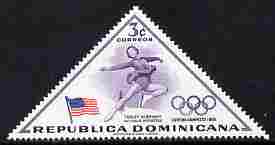 Dominican Republic 1957 Melbourne Olympic Games (3rd Issue) 3c Tenley Albright of USA triangular unmounted mint, SG 715, stamps on olympics, stamps on triangular, stamps on ice skating, stamps on dancing