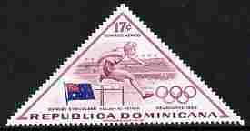 Dominican Republic 1957 Melbourne Olympic Games (3rd Issue) 17c Shirley Strickland of Australia triangular unmounted mint, SG 721, stamps on olympics, stamps on triangular, stamps on hurdles
