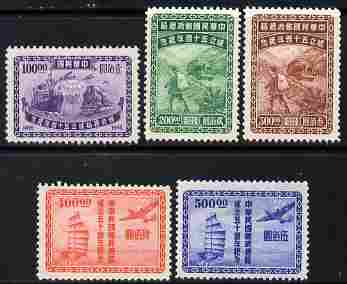 China 1947 50th Anniversary set of 5 unmounted mint SG 985-9, stamps on , stamps on  stamps on aviation, stamps on  stamps on railways, stamps on  stamps on ships, stamps on  stamps on postman, stamps on  stamps on buses