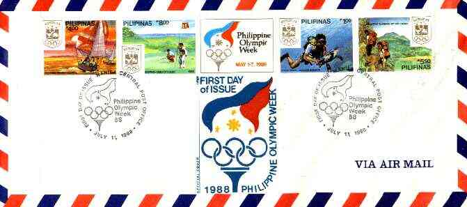 Philippines 1988 Seoul Olympic Games perf se-tenant strip of 4 plus label on airmail cover used on first day with special cancel (SG 2091aA), stamps on , stamps on  stamps on olympics   sport   diving       yachting   mountain climbing    golf     sailing