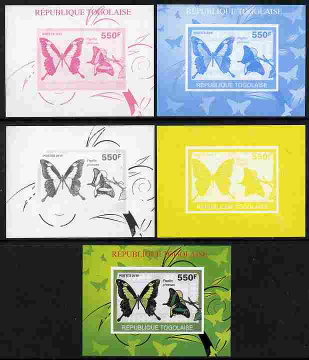 Togo 2010 Butterflies #1 individual deluxe sheet - the set of 5 imperf progressive proofs comprising the 4 individual colours plus all 4-colour composite, unmounted mint, stamps on butterflies