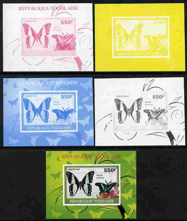 Togo 2010 Butterflies #2 individual deluxe sheet - the set of 5 imperf progressive proofs comprising the 4 individual colours plus all 4-colour composite, unmounted mint, stamps on , stamps on  stamps on butterflies