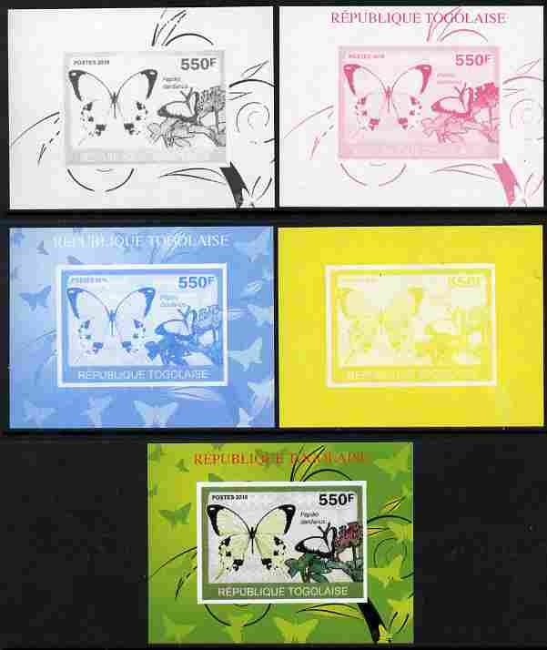 Togo 2010 Butterflies #3 individual deluxe sheet - the set of 5 imperf progressive proofs comprising the 4 individual colours plus all 4-colour composite, unmounted mint, stamps on butterflies