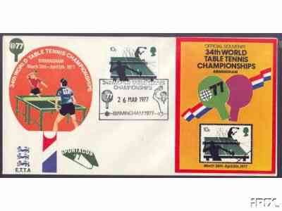 Great Britain 1977 Racket Sports 10p (Table-Tennis) on illustrated commem cover cancelled with special cancel for 34th World Table-Tennis Championships plus souvenir label, stamps on , stamps on  stamps on sport    table tennis      cinderella